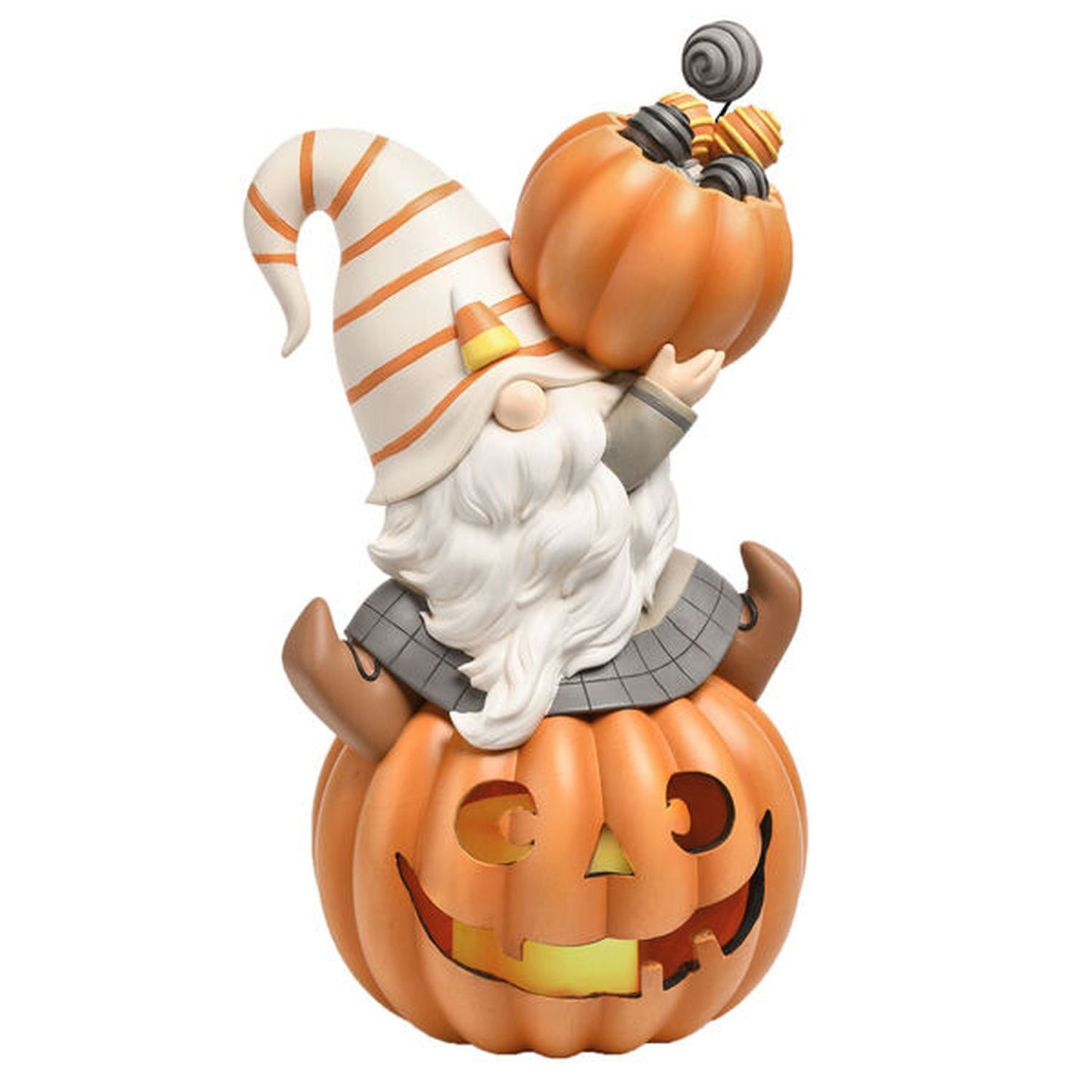 December Diamonds Candy Corn Halloween 16" Gnome Sitting On Pumpkin Figurine