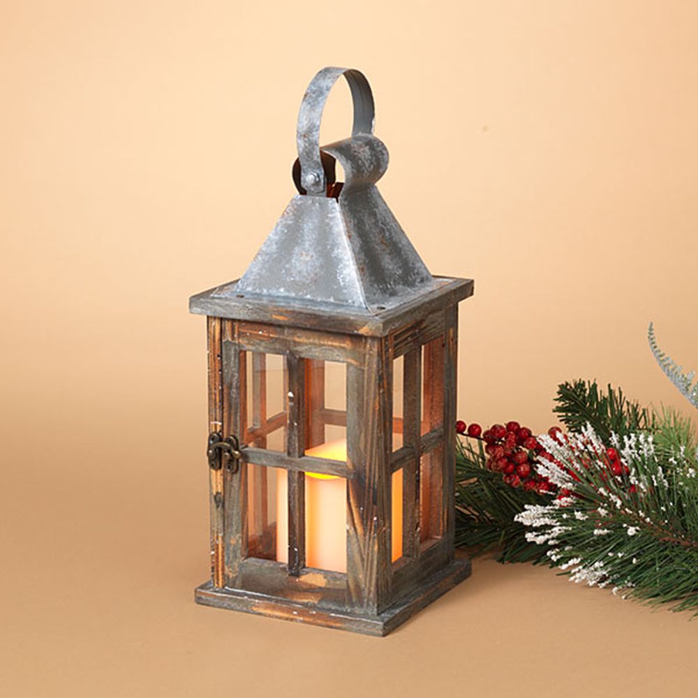 Gerson Company 11" Pine Wood Lantern W/ 3" Led Candle & Timer Function