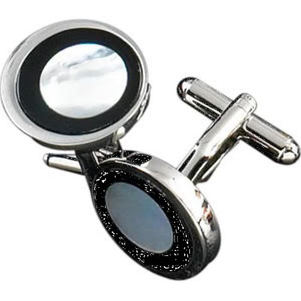 Rhodium Plated Round Cufflinks With Black & Mother Of Pearl