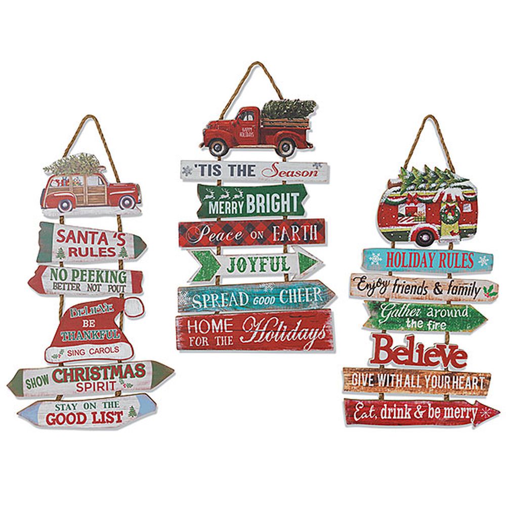 Gerson Company 22.4" Wood Holiday Sign W/ Vehicle Wall Hanging, Assortment Of 3