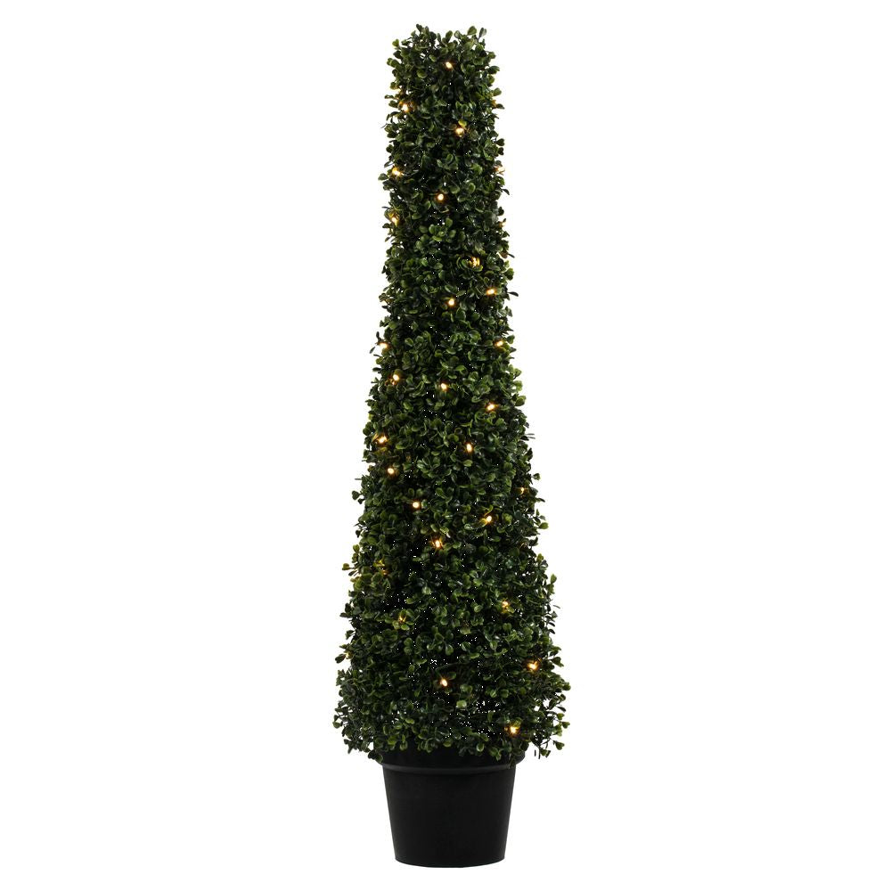 Vickerman 3' Potted Artificial Boxwood Cone with 70 Warm White LED Lghts, PE