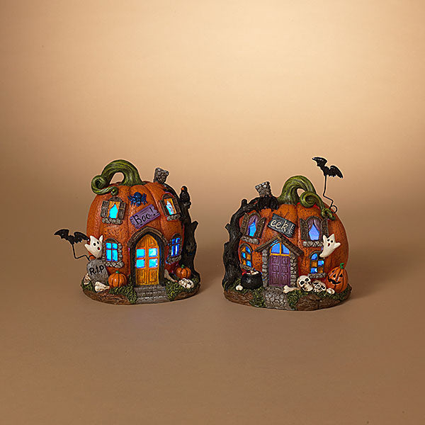 Gerson 8.4"L B/O Lighted Resin Halloween Pumpkin House, 2 Assorted