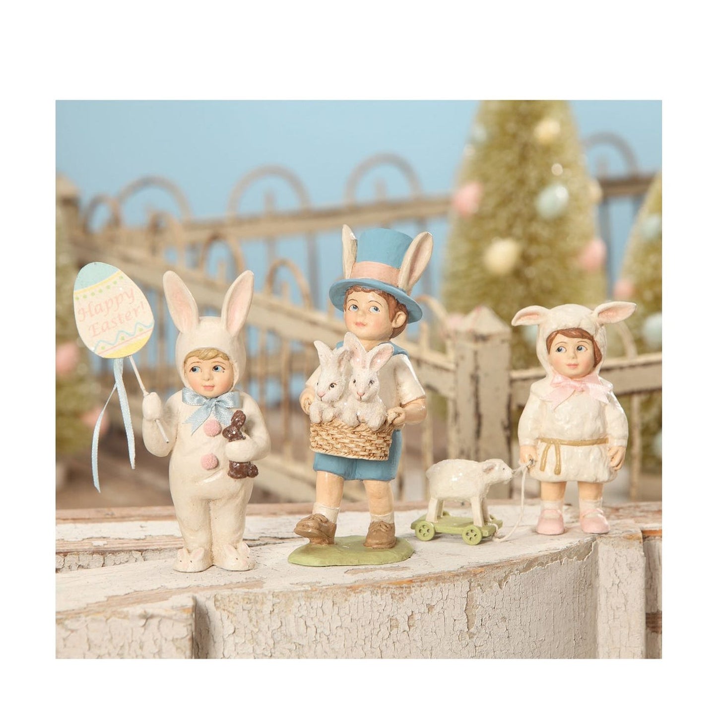 Bethany Lowe Easter Parade Figurine Set of 3, Resin, White