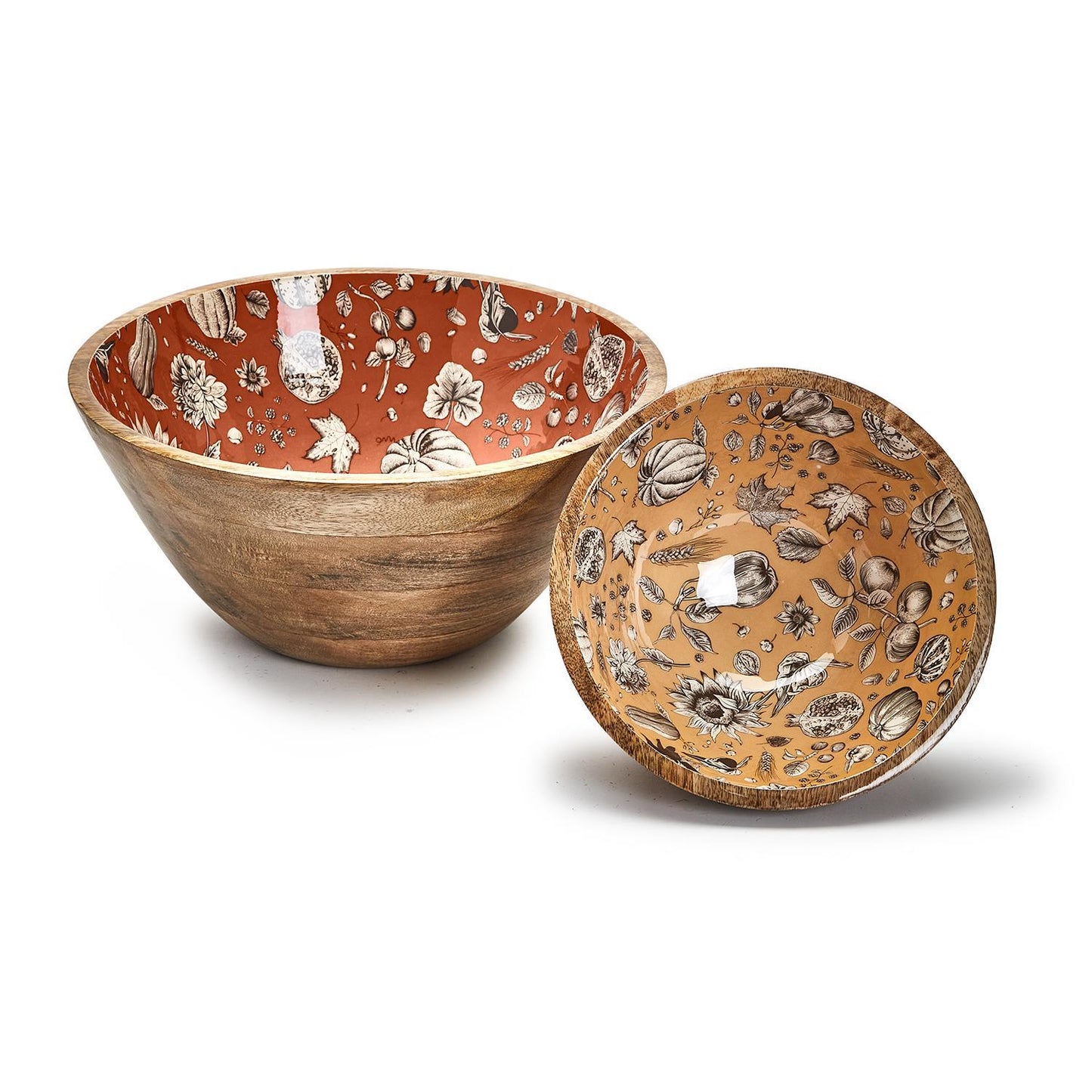 Two's Autumn Soiree Hand-Crafted Set Of 2 Wooden Bowls w/ Enamel in 2 Sizes