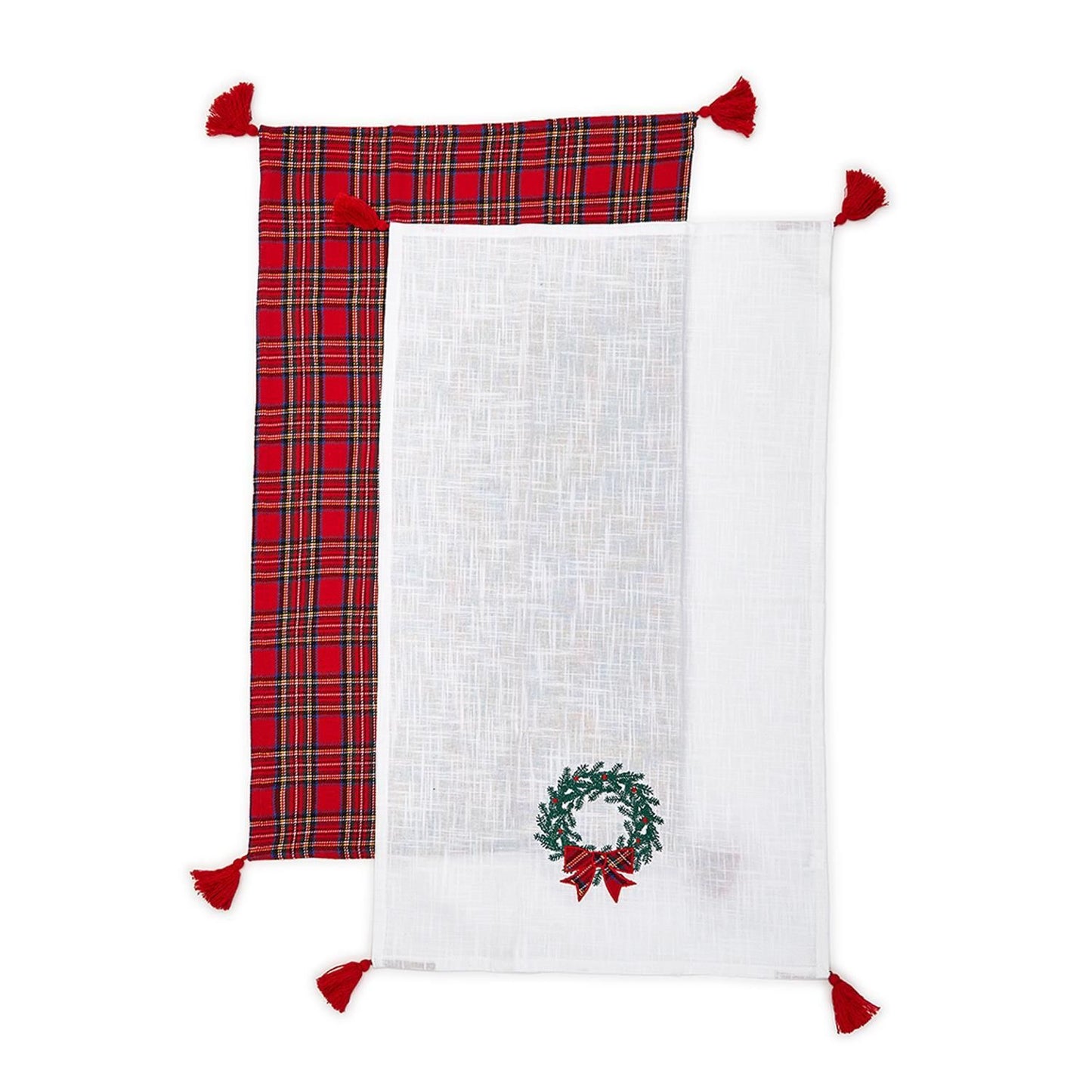 Two's Company Tartan Traditions Assorted of 4 Designs Dish Towels, 2 Designs