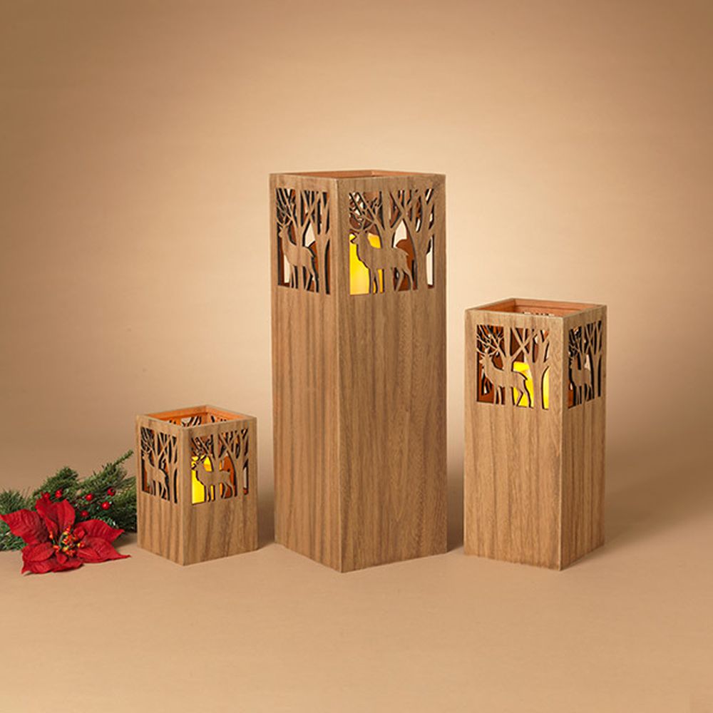 Gerson Set of 3 B/O Lighted Nesting Wood Holiday Lanterns With Led Candles 21.4"