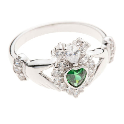 Galway Green Crystal Sparkle Claddagh Ring - Rhodium Plated Sterling Silver