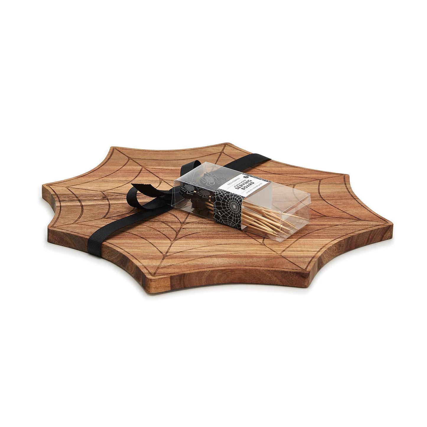 Two's Company Spiderweb Wooden Charcuterie Serving Board with 20 Spider Picks
