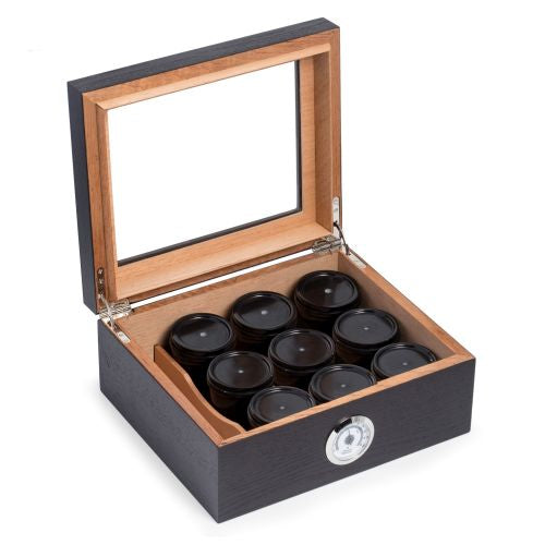 Bey Berk "Espresso" Wood Humidor with Black Canisters.