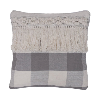 Vickerman 18" x 18" Gray Plaid with Fringe Cotton Pillow, Cotton