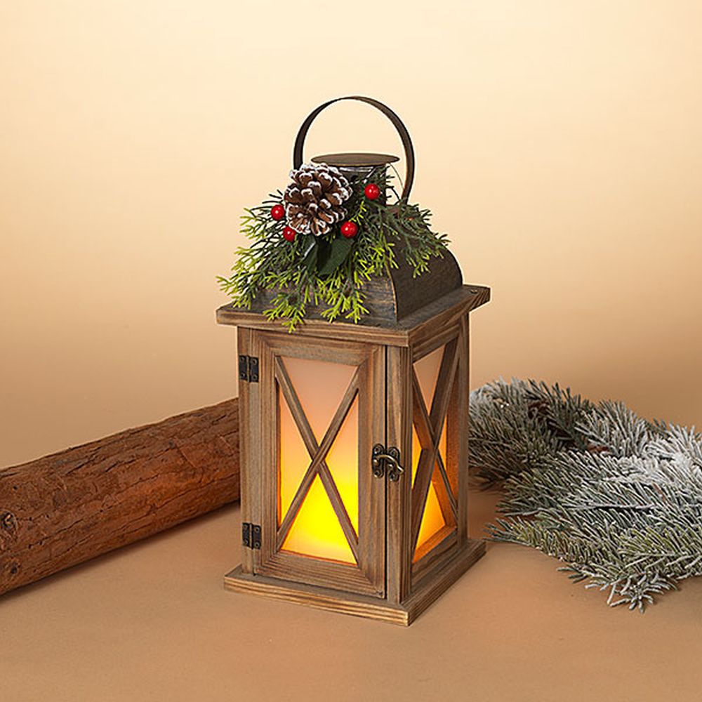 Gerson Company 11.8" B/O Lighted Wood & Metal Fire Glow Lantern W/ Floral Accent