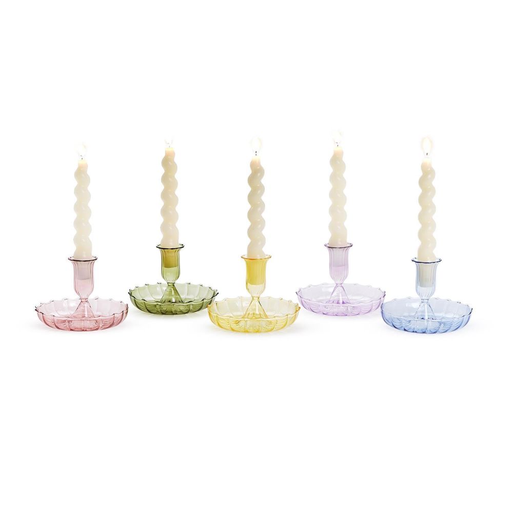 Swirl Hand-Blown Glass Taper Candlestick Candleholder w/ Tray Base Asst 5 Colors