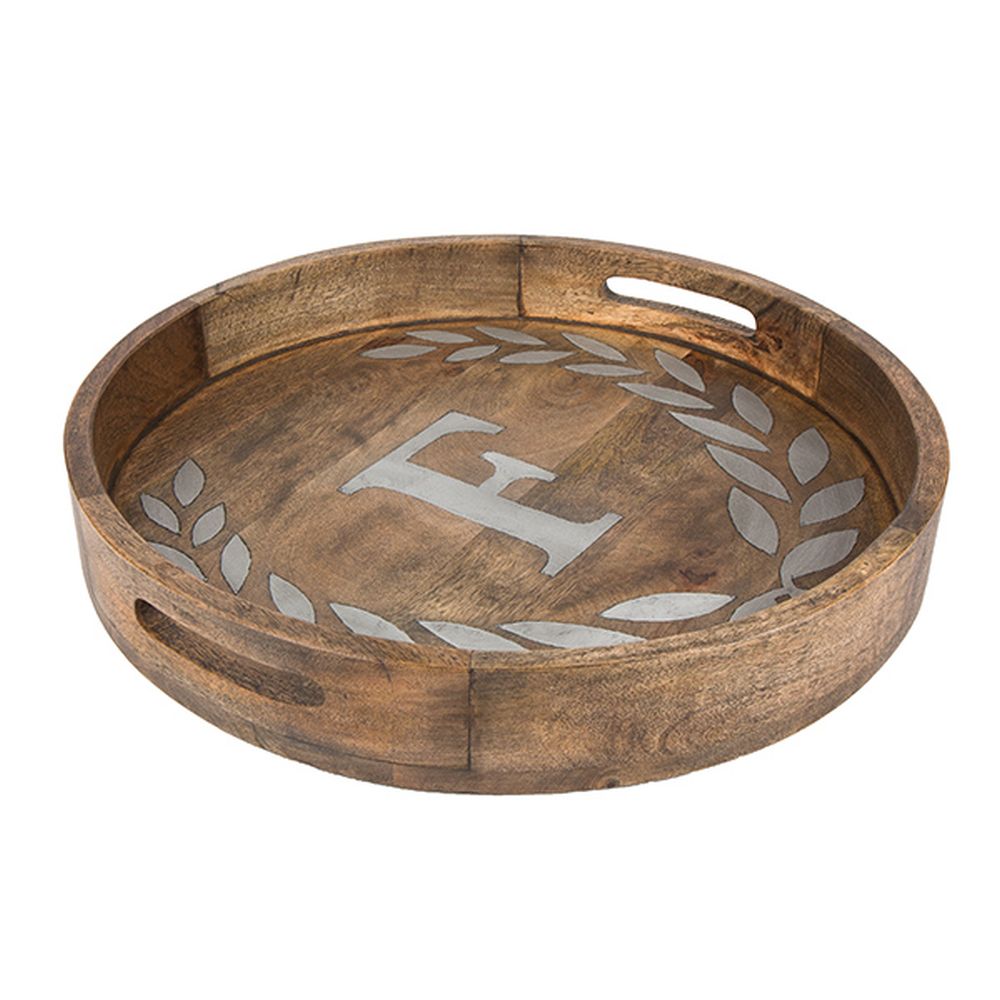 Gerson Companies Mango Wood Round Tray with Metal Inlay, Letter, 20"