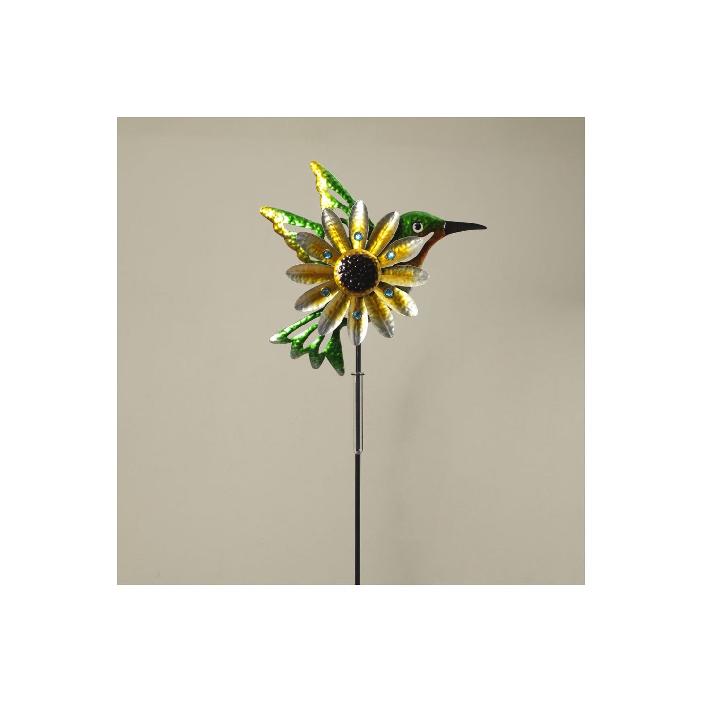 Gerson 63"H Metal Hummingbird & Flower Wind Spinner W/ Glass Rain Gauge