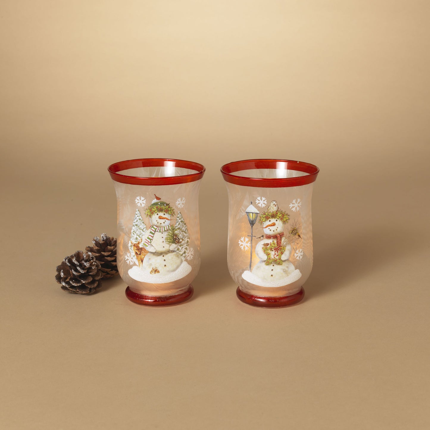 Gerson 5.9"H Frosted Glass Holiday Snowman Design Hurricane Candleholder, 2 Asst