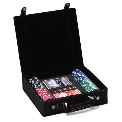 Sleek Black Poker Case w/ Poker Chips,2 Playing Cards,5 Dice
