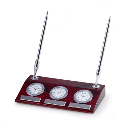 Chrome 3 Time Zone Desk Clock With Two Pens-Rosewood Base