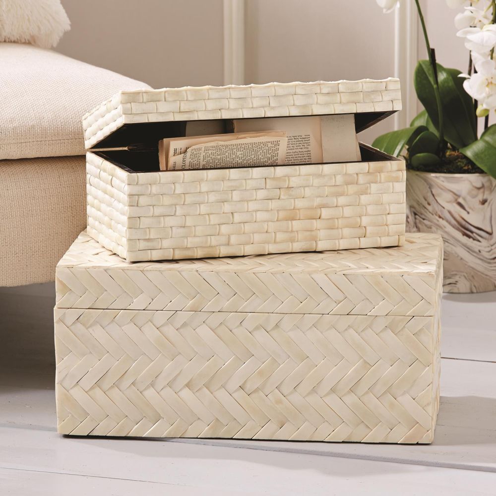 Two's Company Basket Weave Set of 2 Bone Gift Boxes Includes 2 Patterns