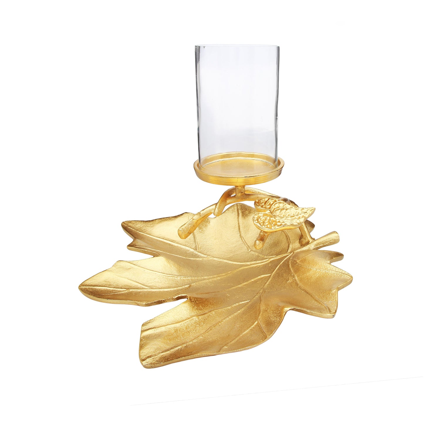 Classic Touch 12.5" Gold Embossed Leaf Dish With Branched Candle Holder