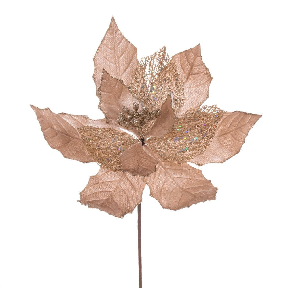 Vickerman 11" Velvet And Glitter Mesh Poinsettia Flower On Stem, 6 Per Bag