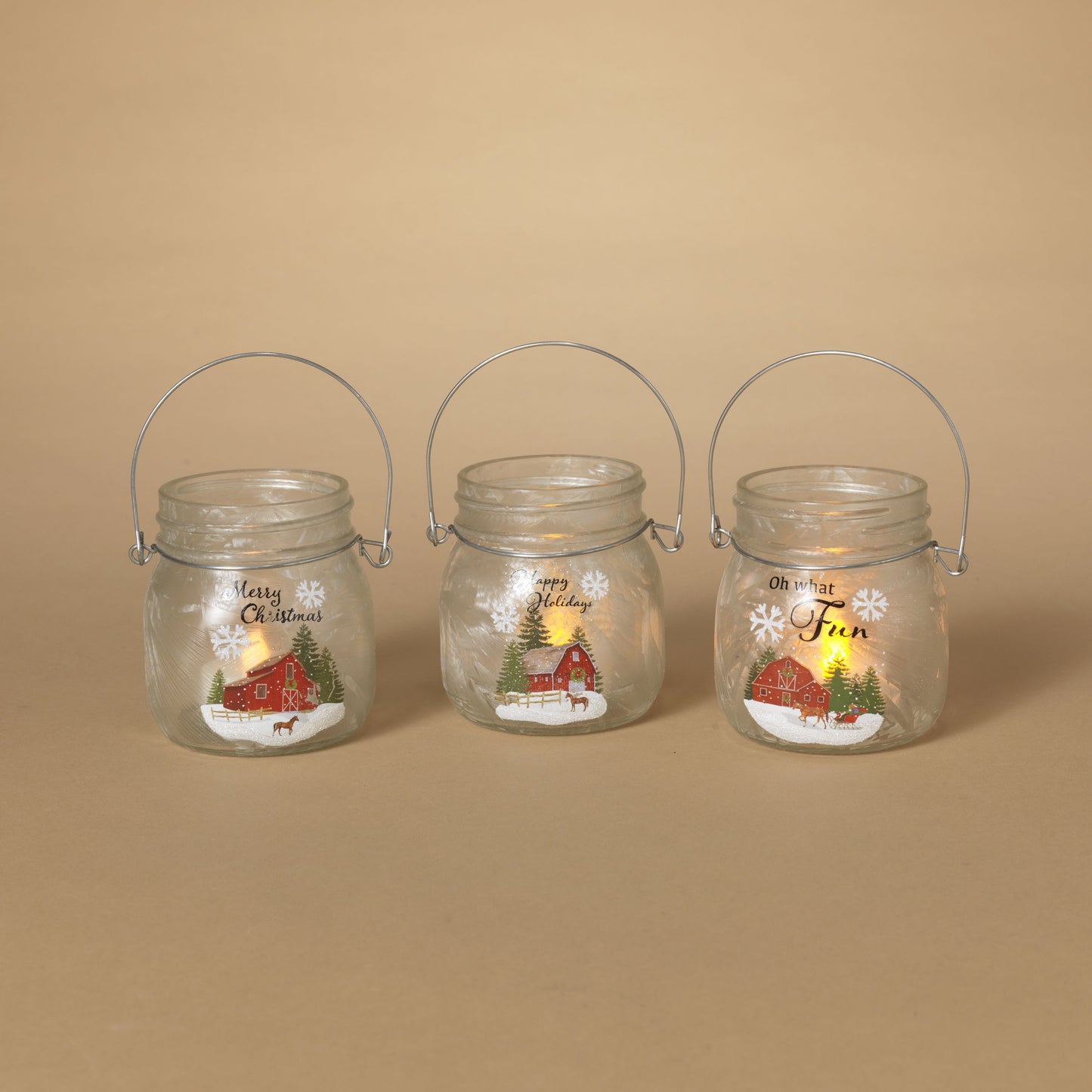 Gerson Company Set of 3 3.5"H Frosted Glass Holiday Barn Design Luminaries