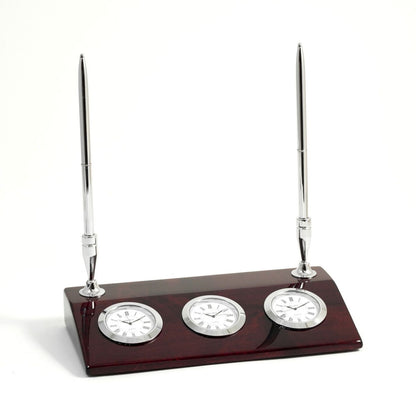 Chrome 3 Time Zone Desk Clock With Two Pens-Rosewood Base