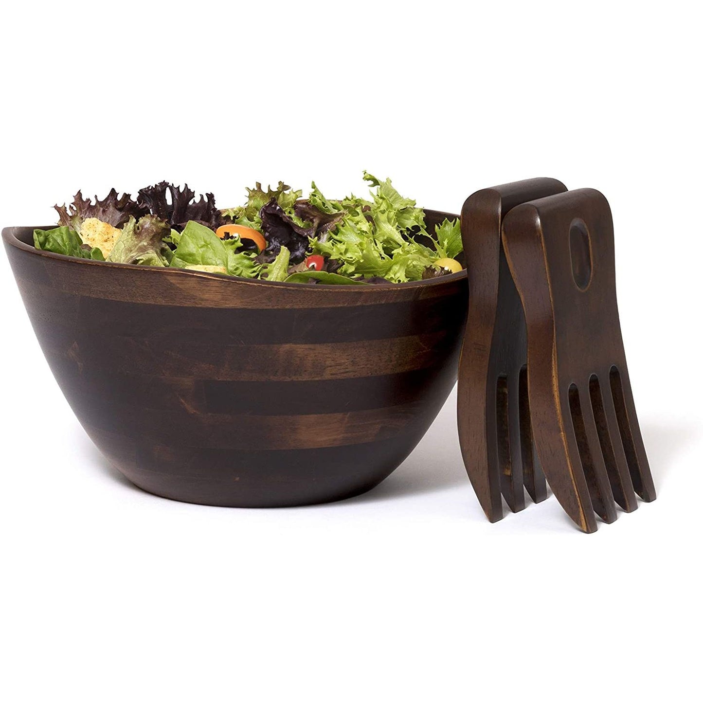 Lipper International Walnut Finish Large Wavy Rim Bowl with Salad Hands, Brown