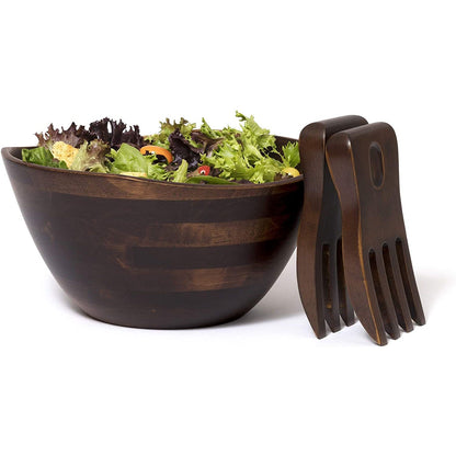 Lipper International Walnut Finish Large Wavy Rim Bowl with Salad Hands, Brown
