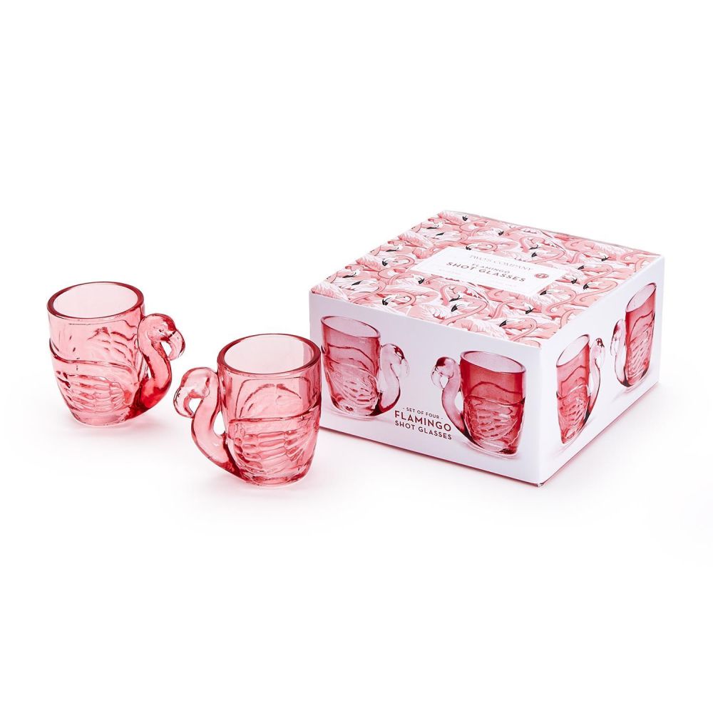 Two's Company Let's Flamingle Set of 4 Pink Flamingo Shot Glasses In Gift Box