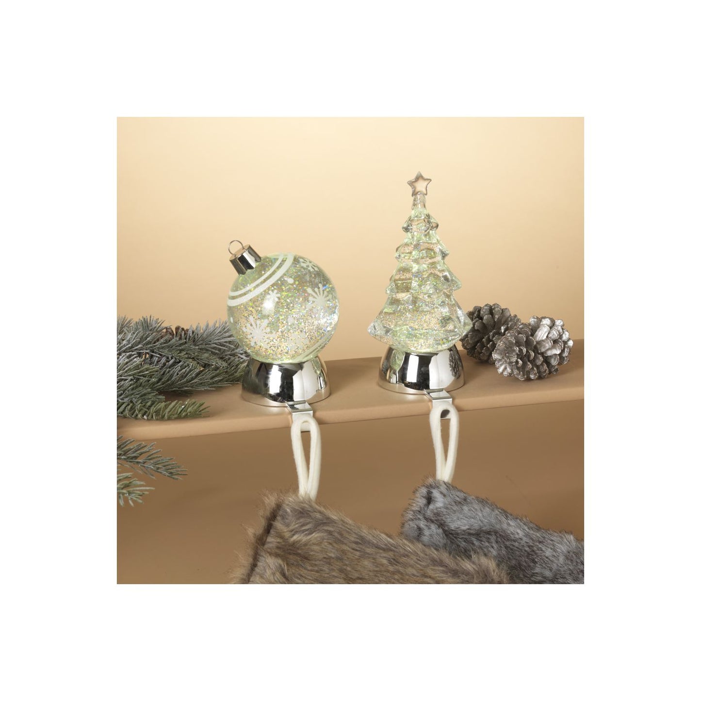 Gerson B/O Lighted Spinning Water Globe Ornament & Tree Stocking Holder, 2 Asst