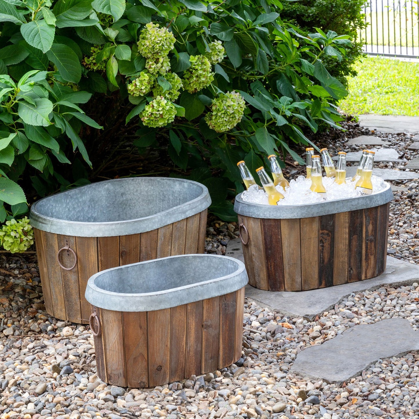 Park Hill Collection Garden Floral Galvanized Wooden Oval Tub Set of 3