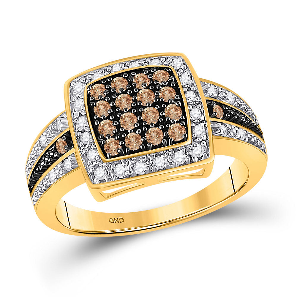 GND 10k Yellow Gold Brown Diamond Cluster Square-shape Cocktail Ring 1/2 Cttw