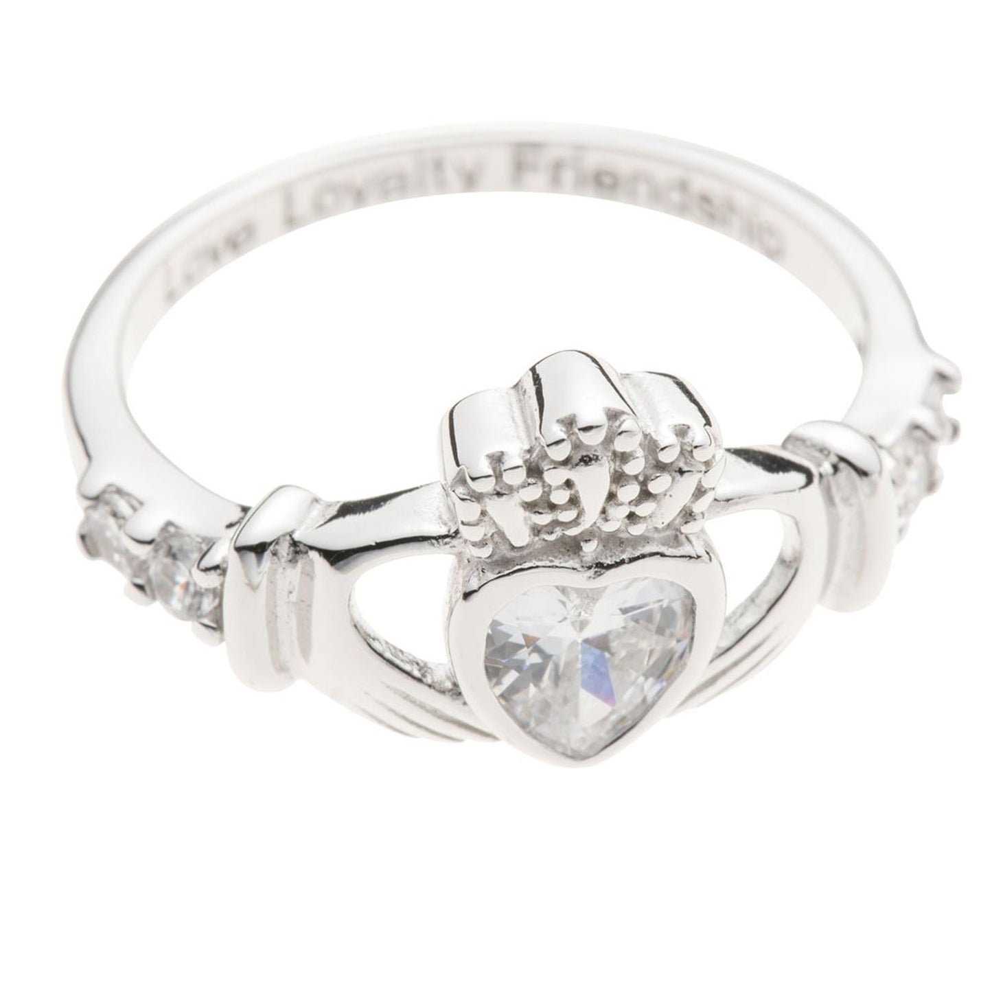 Galway Crystal Claddagh Bezel Setting Ring - Rhodium Plated 925 Sterling Silver