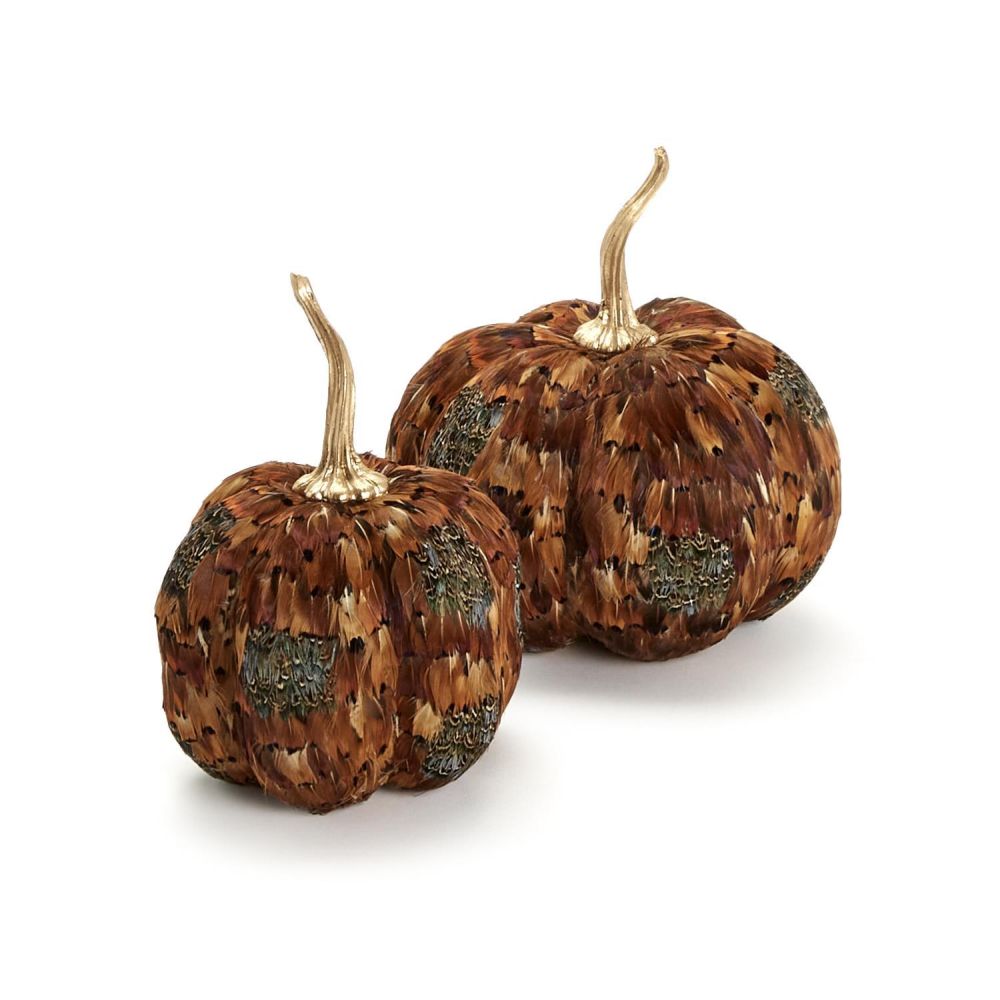 Two's Company Pheasant Set of 2 Feather Pumpkins Includes 2 Sizes
