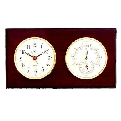 Quartz Clock & Thermometer With Hygrometer On Mahogany Wood