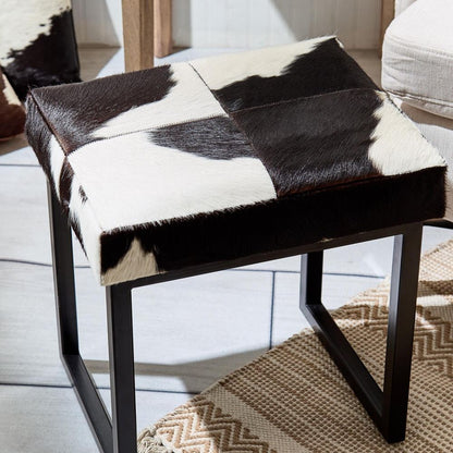 Two's Company Genuine Black And White Natural Cowhide Bench w/ Black Steel Base