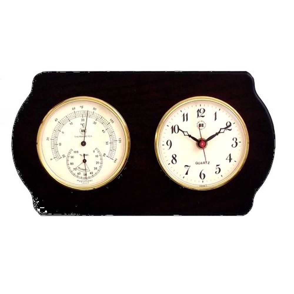 Quartz Clock & Thermometer With Hygrometer On Ash Wood