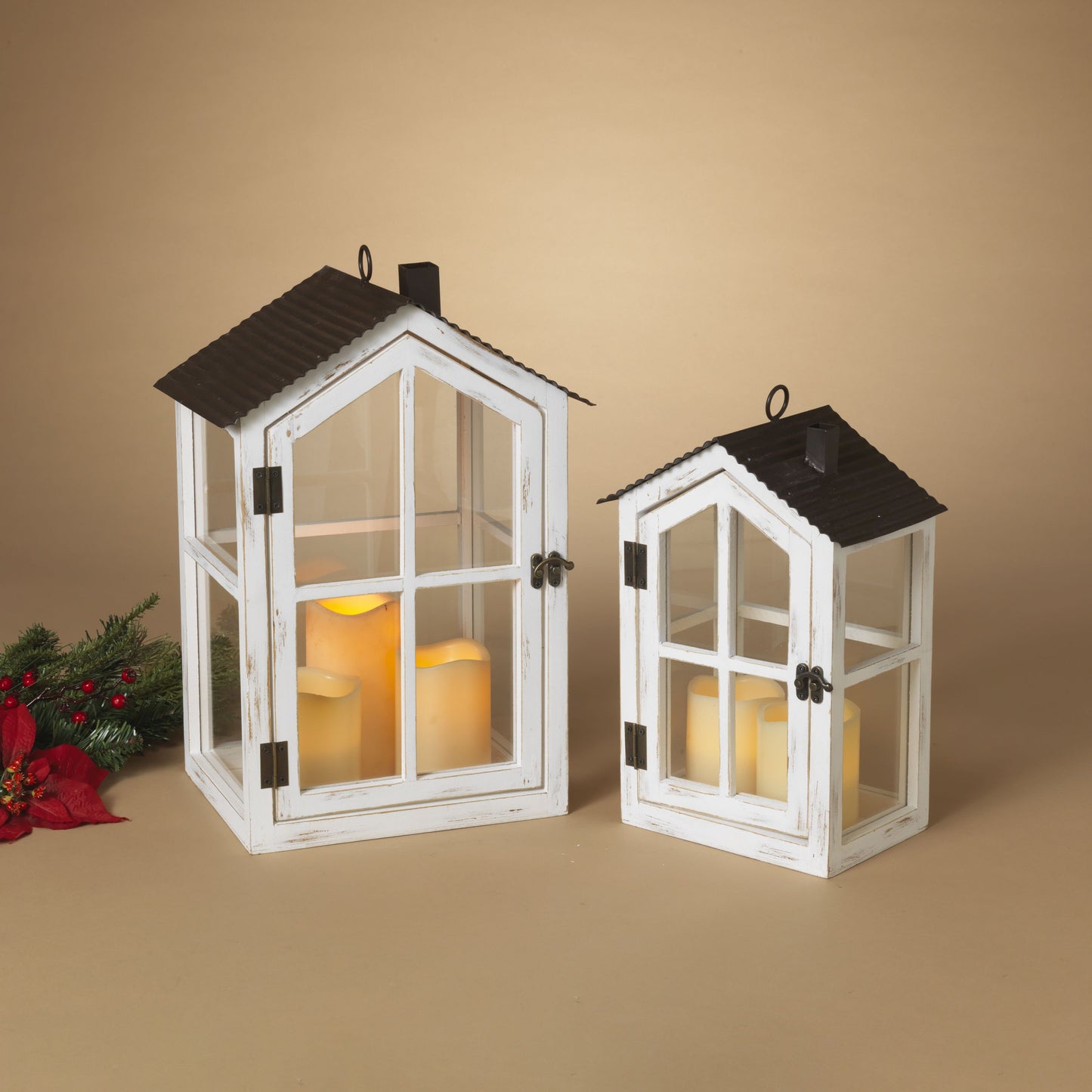 Gerson Company Set of 2 Nesting Wood & Glass Holiday Lanterns