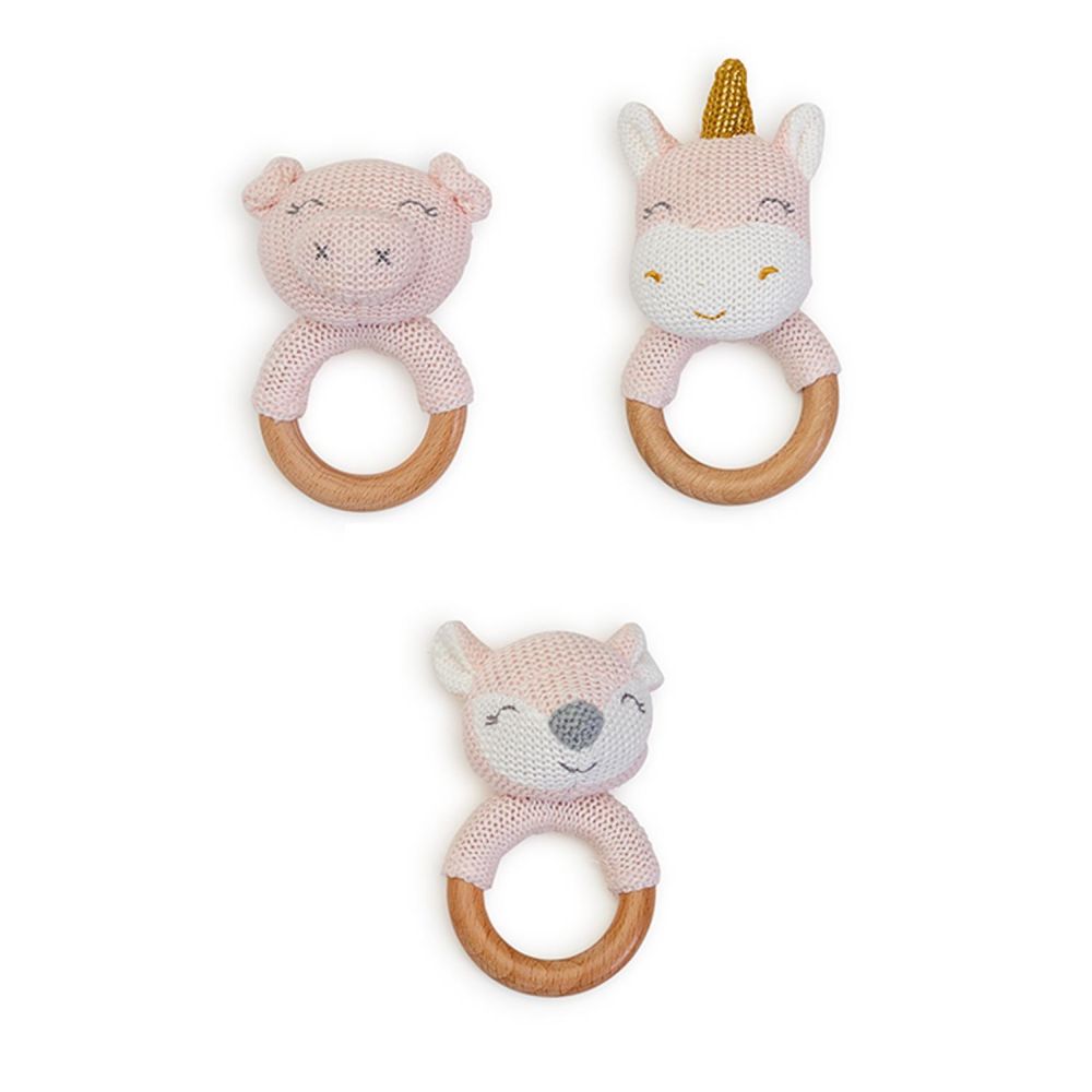 Knitted Rattle with Natural Wooden Grip Ring Asst 3 Designs: Piggy, Unicorn, Fox