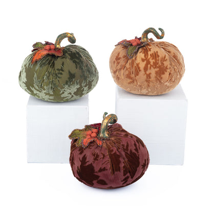 Katherine's Collection 2023 Velvet Pumpkins Set Of 3, Brown/Orange/Green Polyester