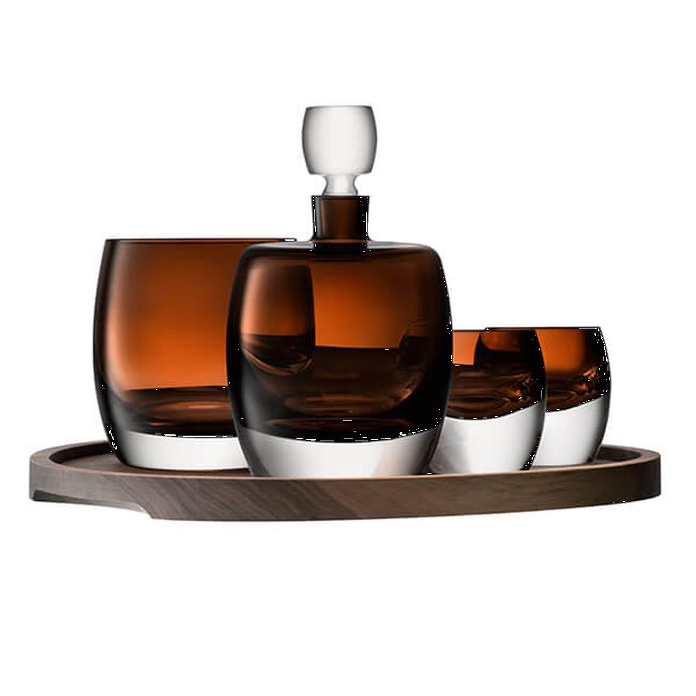Whisky Club Connoisseur Set & Walnut/Cork Serving Tray Peat Brown