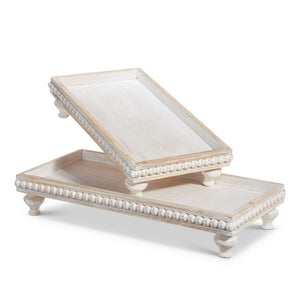Raz Imports Green Meadows 20.25" Distressed White Beaded Footed Trays, Set of 2
