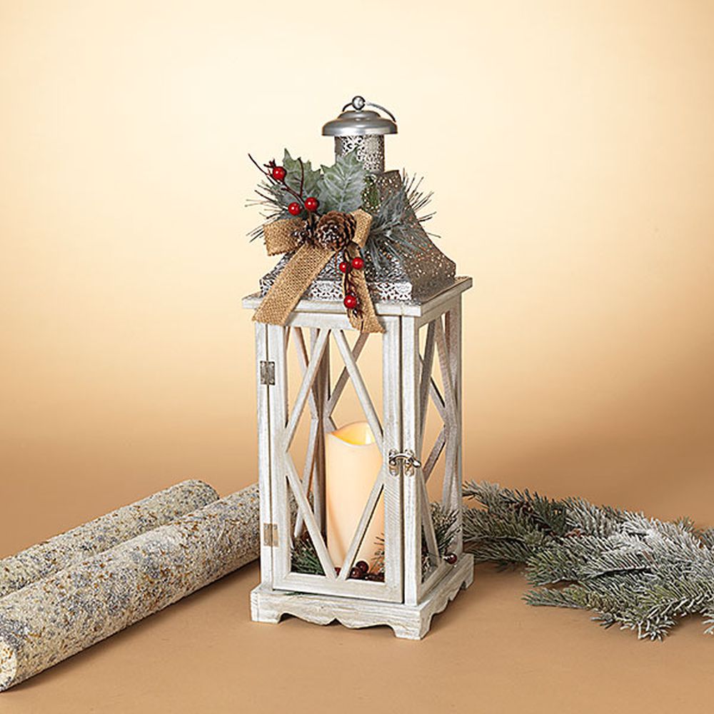 Gerson Company 20.5" B/O Lighted Holiday Lantern with Led Candle & Floral Accent
