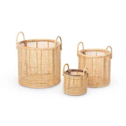 Park Hill Collection La Boheme Woven Rattan Baskets With Handles, Set Of 3
