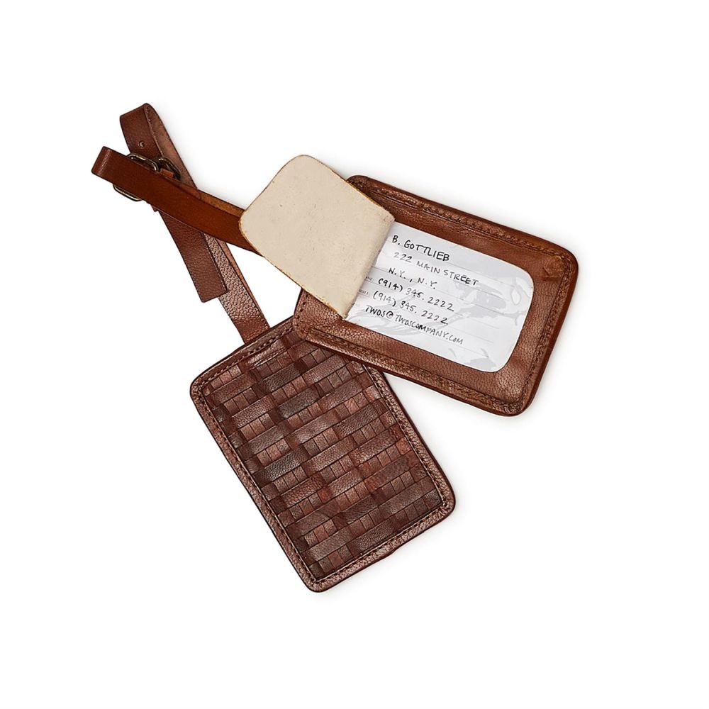 Two's Company Chestnut Woven Leather Luggage Tag Assorted 2 Patterns