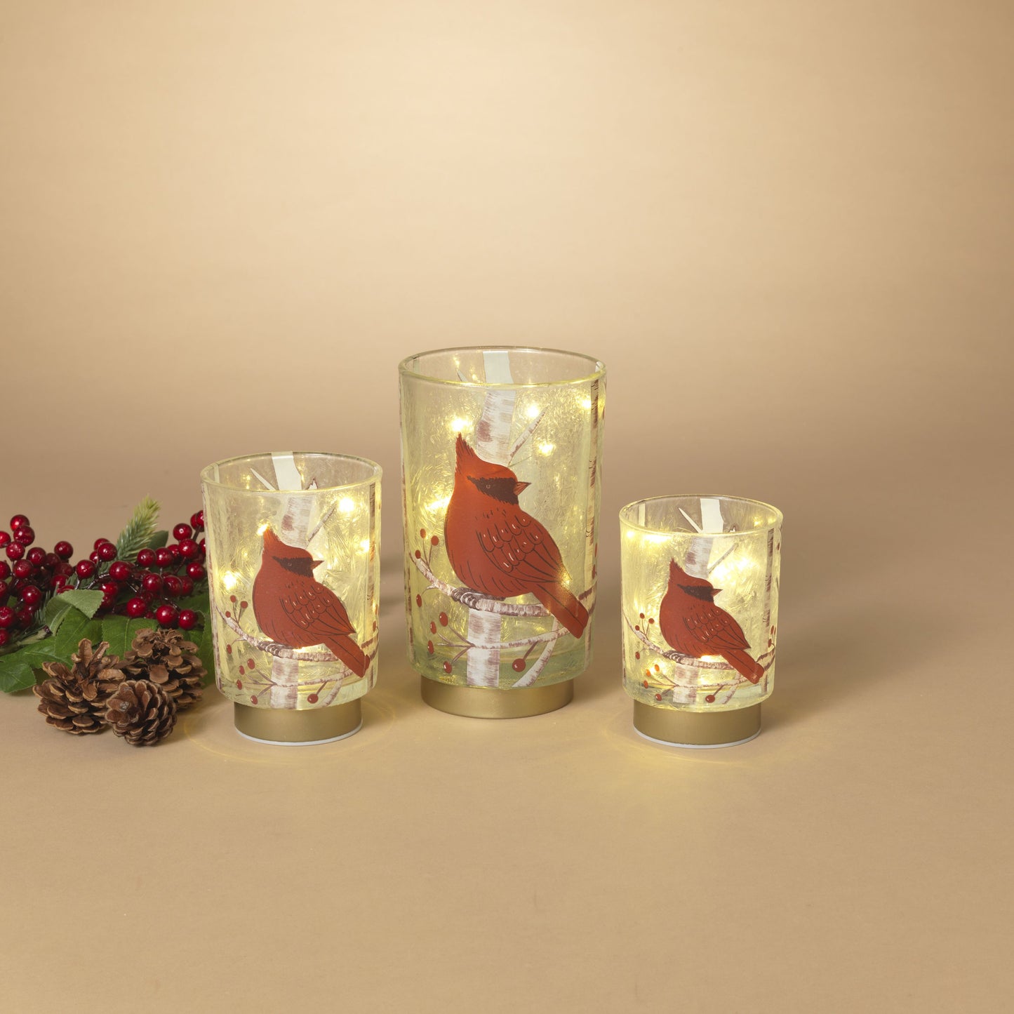 Gerson Set of 3 7.8" B/O Lighted Glass Holiday Cardinal Design Luminaries