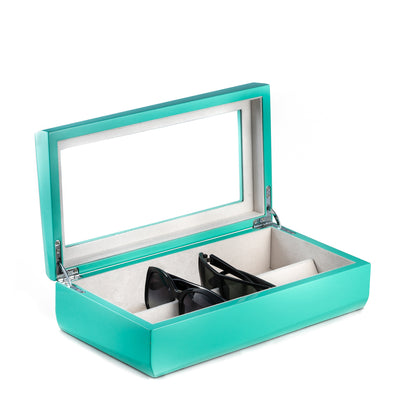 Lacquered Turquoise Wood Multi Eyeglass Case With Glass Top