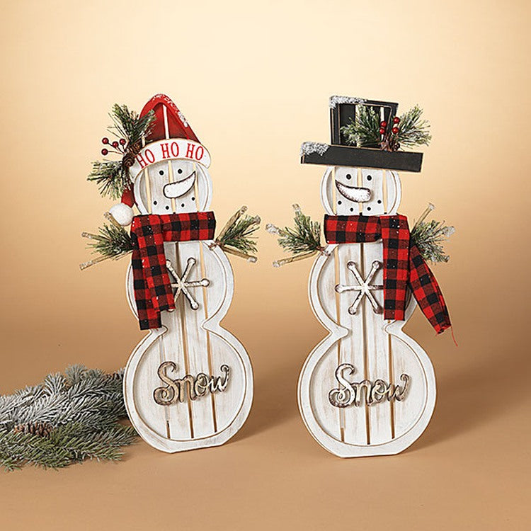 Gerson Company 21"H Wood Holiday Snowman with Scarf & Pine Accent, 2 Assorted