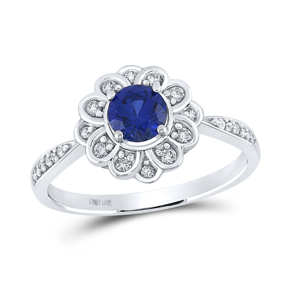 GND 10K White Gold Round Created Blue Sapphire Fashion RIng, Size 7