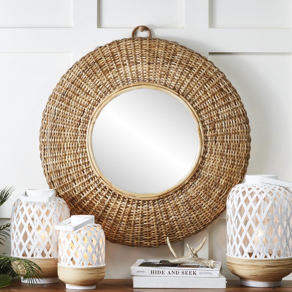 Two's Company Woven Wall Mirror, Hand-Crafted, Cane/Glass/Mdf